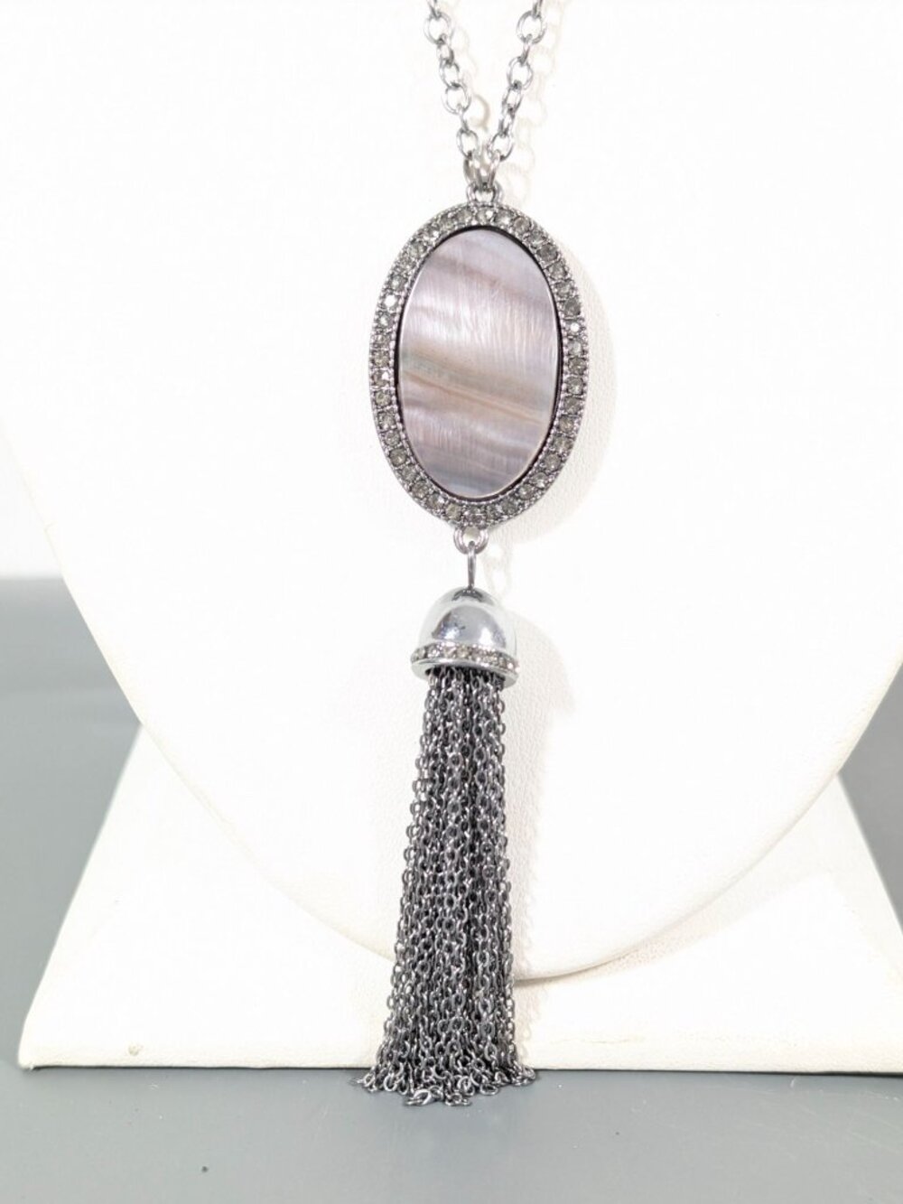 Boho Coastal Chic Abalone Shell Chain‎ Tassel Rhinestone Necklace Long 32"